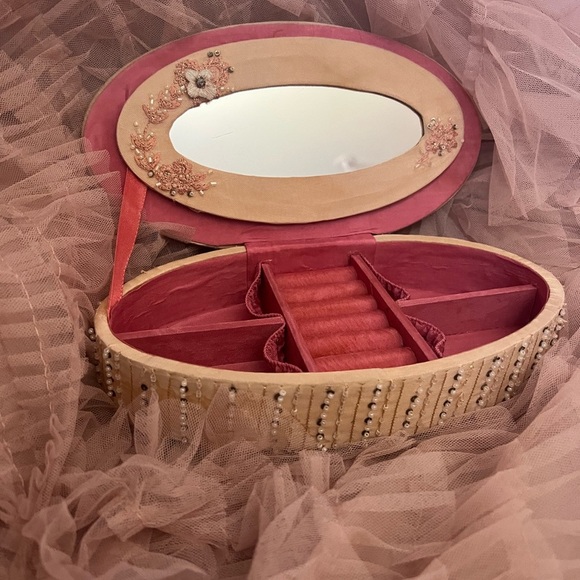 Vintage Embroidered Floral Jewelry Box with Beaded Trim and Mirror - Picture 1 of 13